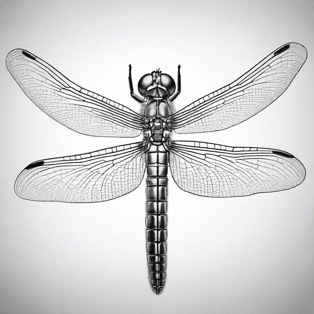 A high-quality, black and white pencil drawing presenting a close-up, front view of a dragonfly