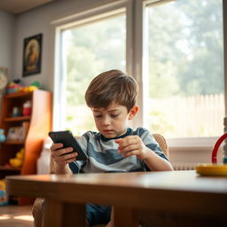 A young boy intently focused on playing a mobile phone game while sitting in a comfortable chair