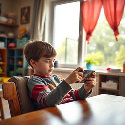 A young boy intently focused on playing a mobile phone game while sitting in a comfortable chair