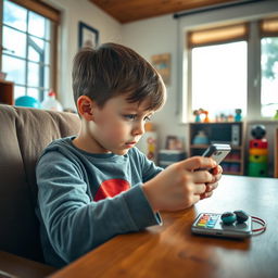 A young boy intently focused on playing a mobile phone game while sitting in a comfortable chair