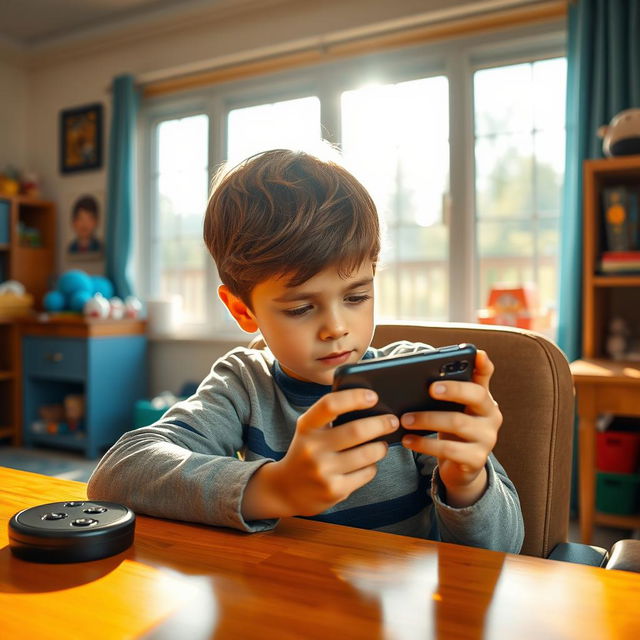 A young boy intently focused on playing a mobile phone game while sitting in a comfortable chair