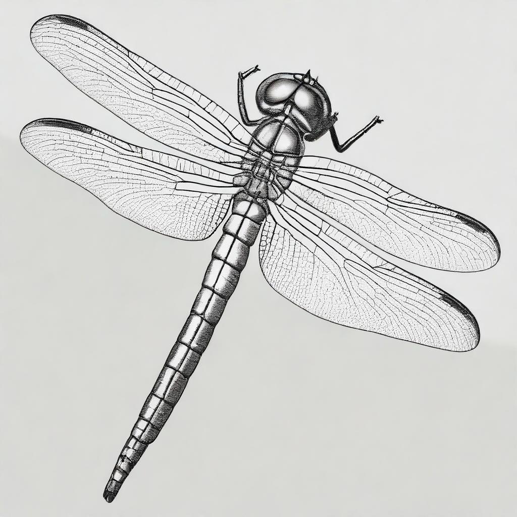 An extremely detailed, black and white pencil drawing of a dragonfly in a unique position