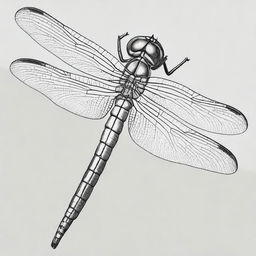 An extremely detailed, black and white pencil drawing of a dragonfly in a unique position