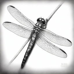 An extremely detailed, black and white pencil drawing of a dragonfly in a unique position