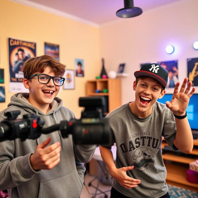 Two confident teenage boys in a bright, colorful room, excitedly filming a YouTube video together