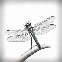 An extremely detailed, black and white pencil drawing of a dragonfly in a unique position