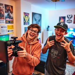 Two confident teenage boys in a bright, colorful room, excitedly filming a YouTube video together