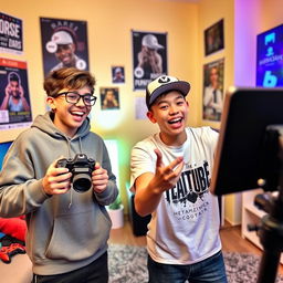 Two confident teenage boys in a bright, colorful room, excitedly filming a YouTube video together
