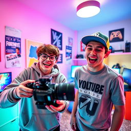 Two confident teenage boys in a bright, colorful room, excitedly filming a YouTube video together