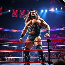 A dramatic scene featuring a 15-foot-tall muscular man standing confidently in a WWE wrestling ring, surrounded by dynamic lighting and an energetic crowd