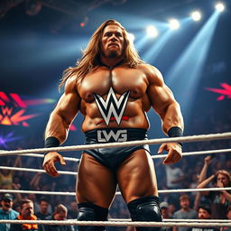 A dramatic scene featuring a 15-foot-tall muscular man standing confidently in a WWE wrestling ring, surrounded by dynamic lighting and an energetic crowd