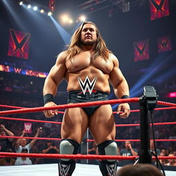 A dramatic scene featuring a 15-foot-tall muscular man standing confidently in a WWE wrestling ring, surrounded by dynamic lighting and an energetic crowd