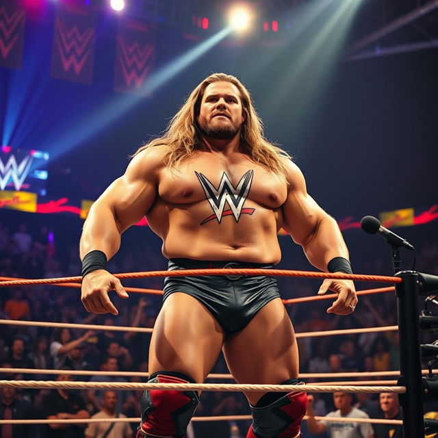 A dramatic scene featuring a 15-foot-tall muscular man standing confidently in a WWE wrestling ring, surrounded by dynamic lighting and an energetic crowd