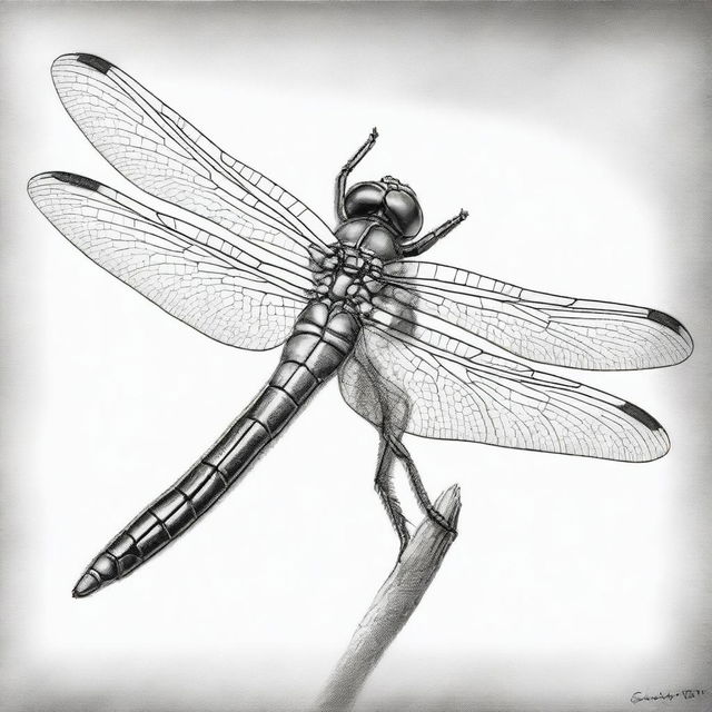 An extremely detailed, black and white pencil drawing of a dragonfly in a unique position