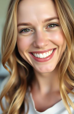A close-up of a woman's captivating smile, showcasing perfect white teeth and a warm expression