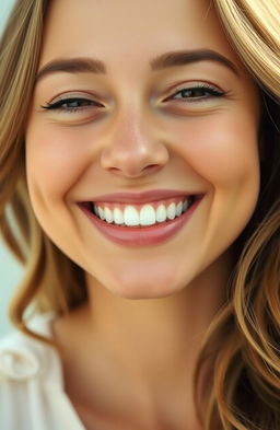 A close-up of a woman's captivating smile, showcasing perfect white teeth and a warm expression