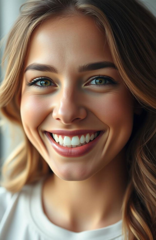 A close-up of a woman's captivating smile, showcasing perfect white teeth and a warm expression