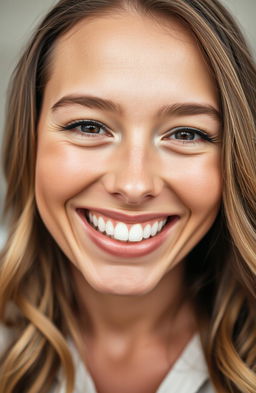 A close-up of a woman's captivating smile, showcasing perfect white teeth and a warm expression
