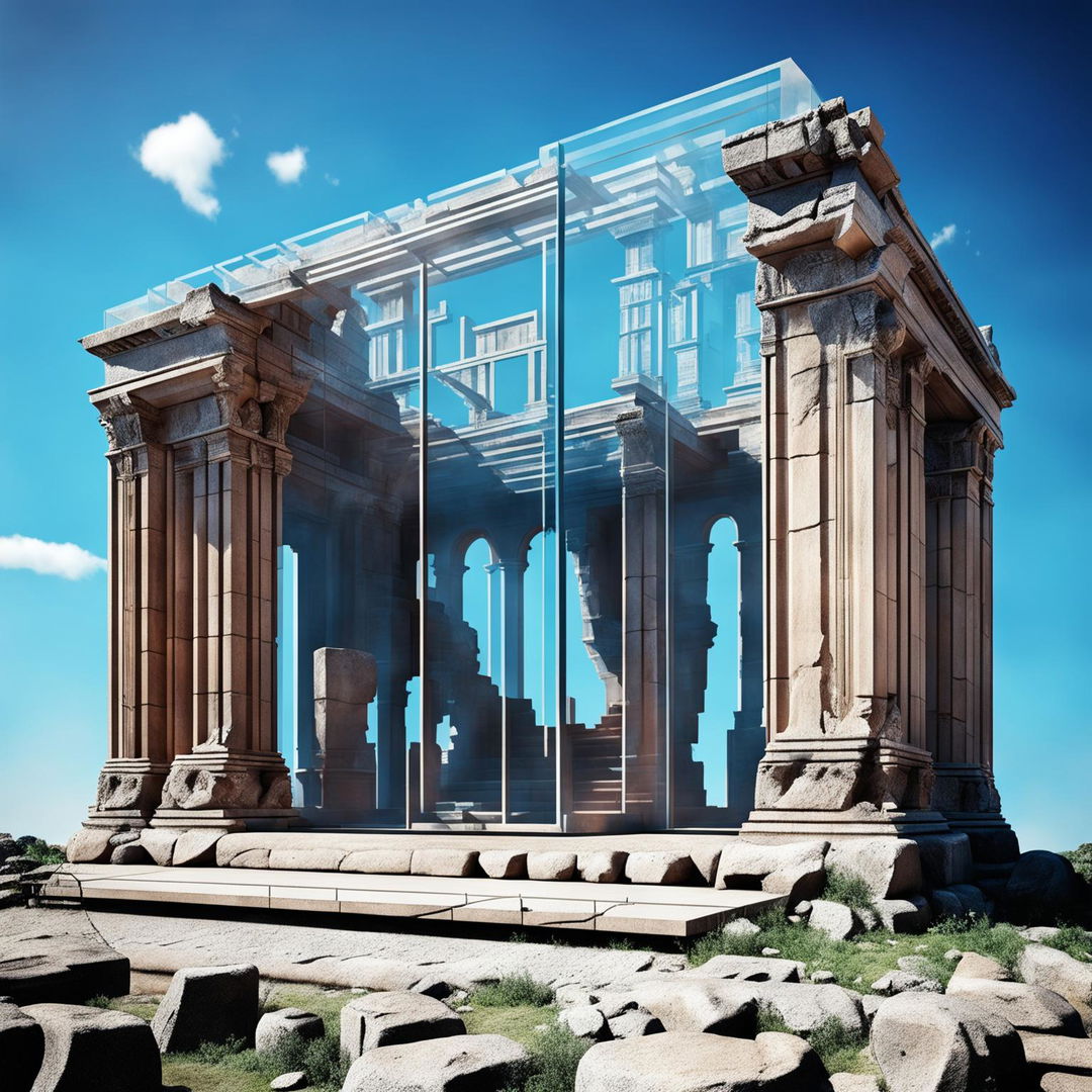 A high-quality 3D render depicting a modern glass box structure skillfully fitted within an ancient Roman ruin