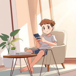 An anime-style illustration of a young boy engrossed in playing a mobile phone while sitting on a stylish chair