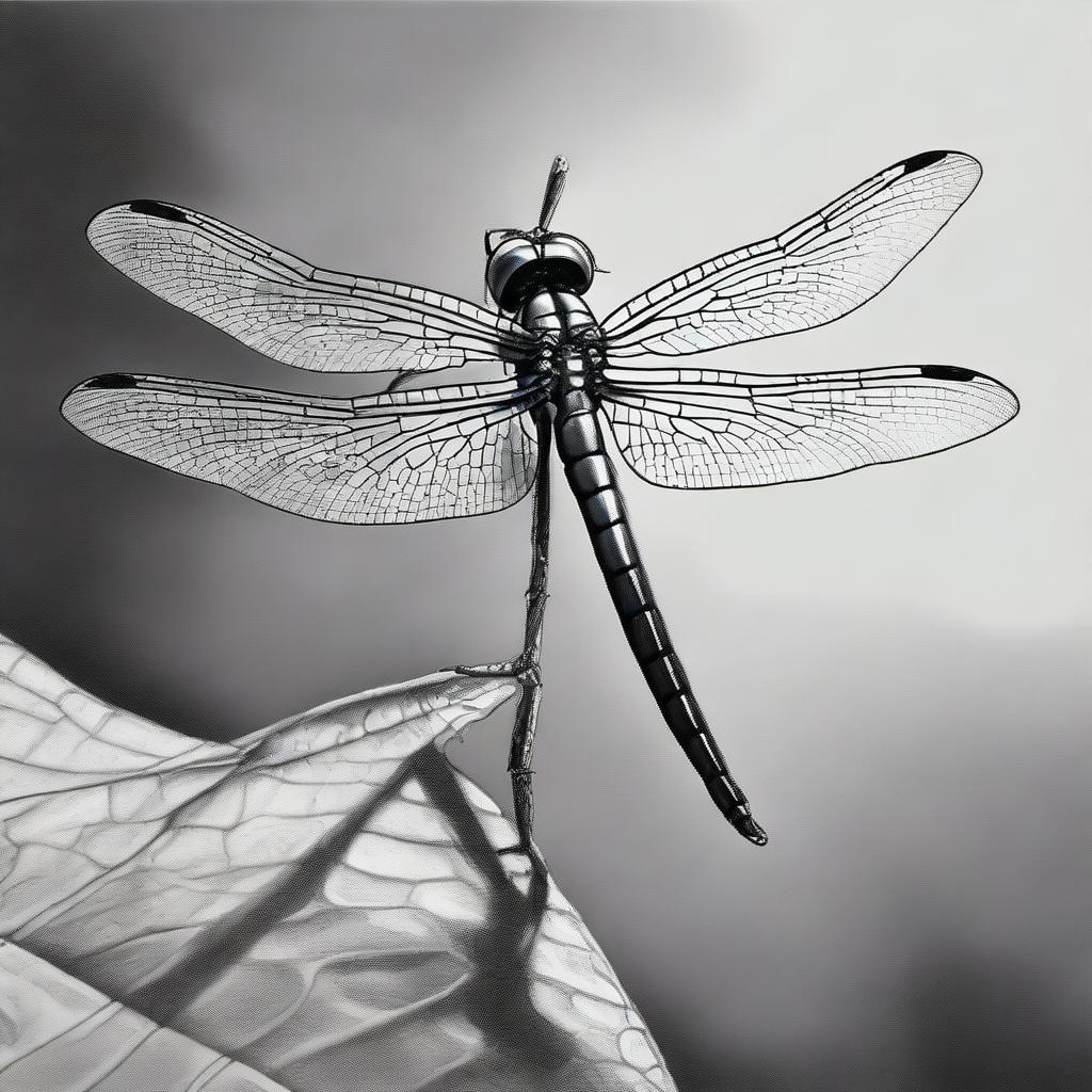 A high-quality, black and white image of a dragonfly, drawn meticulously with pastel