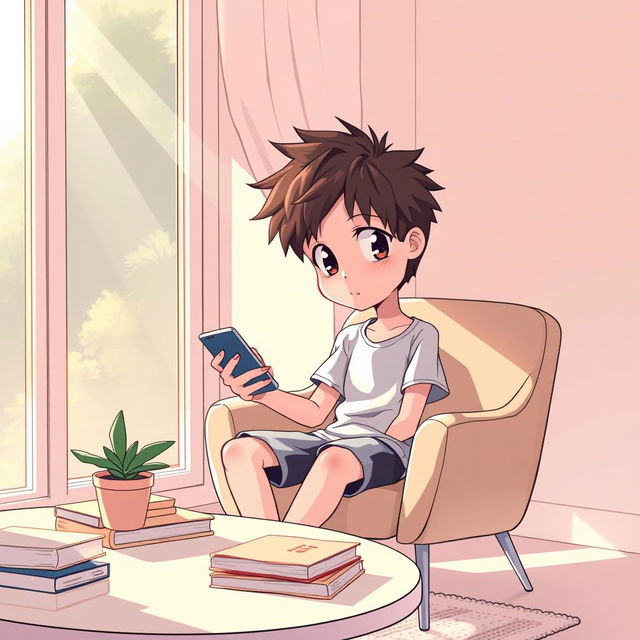 An anime-style illustration of a young boy engrossed in playing a mobile phone while sitting on a stylish chair