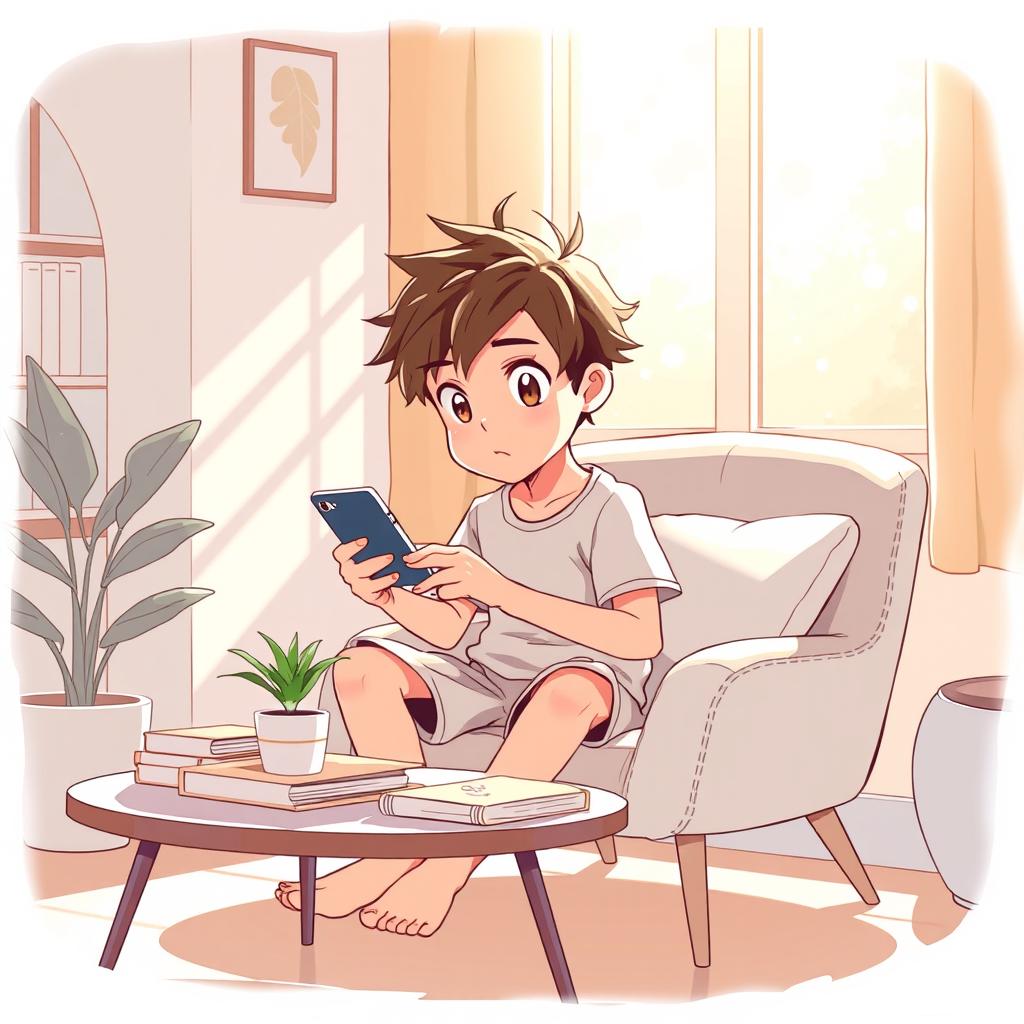 An anime-style illustration of a young boy engrossed in playing a mobile phone while sitting on a stylish chair