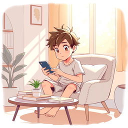 An anime-style illustration of a young boy engrossed in playing a mobile phone while sitting on a stylish chair