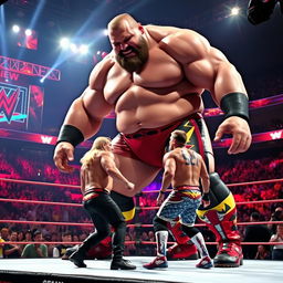 A dramatic scene in a WWE ring featuring a towering 15-foot tall man engaging in an intense fight with his opponent named Sean