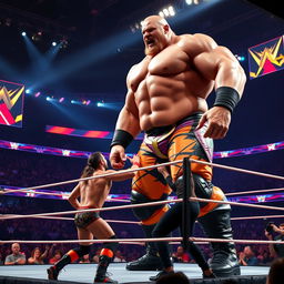 A dramatic scene in a WWE ring featuring a towering 15-foot tall man engaging in an intense fight with his opponent named Sean