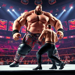 A dramatic scene in a WWE ring featuring a towering 15-foot tall man engaging in an intense fight with his opponent named Sean