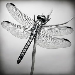 A high-quality, black and white image of a dragonfly, drawn meticulously with pastel