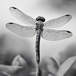 A high-quality, black and white image of a dragonfly, drawn meticulously with pastel