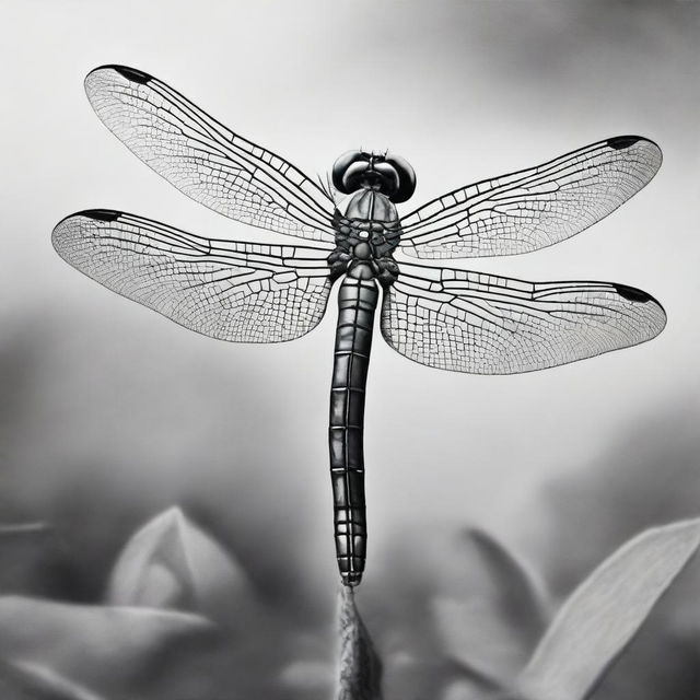 A high-quality, black and white image of a dragonfly, drawn meticulously with pastel