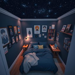 A cozy dark blue themed bedroom, styled in an anime aesthetic