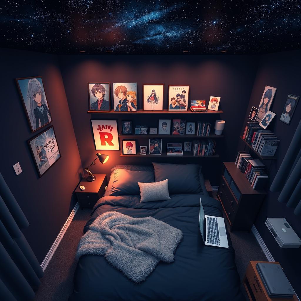 A cozy dark blue themed bedroom, styled in an anime aesthetic