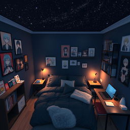 A cozy dark blue themed bedroom, styled in an anime aesthetic