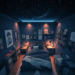 A cozy dark blue themed bedroom, styled in an anime aesthetic