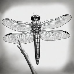 A high-quality, black and white image of a dragonfly, drawn meticulously with pastel