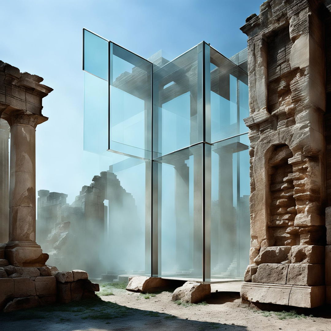 A high-quality architectural photograph showing a modern glass box structure integrated into an ancient Roman ruin