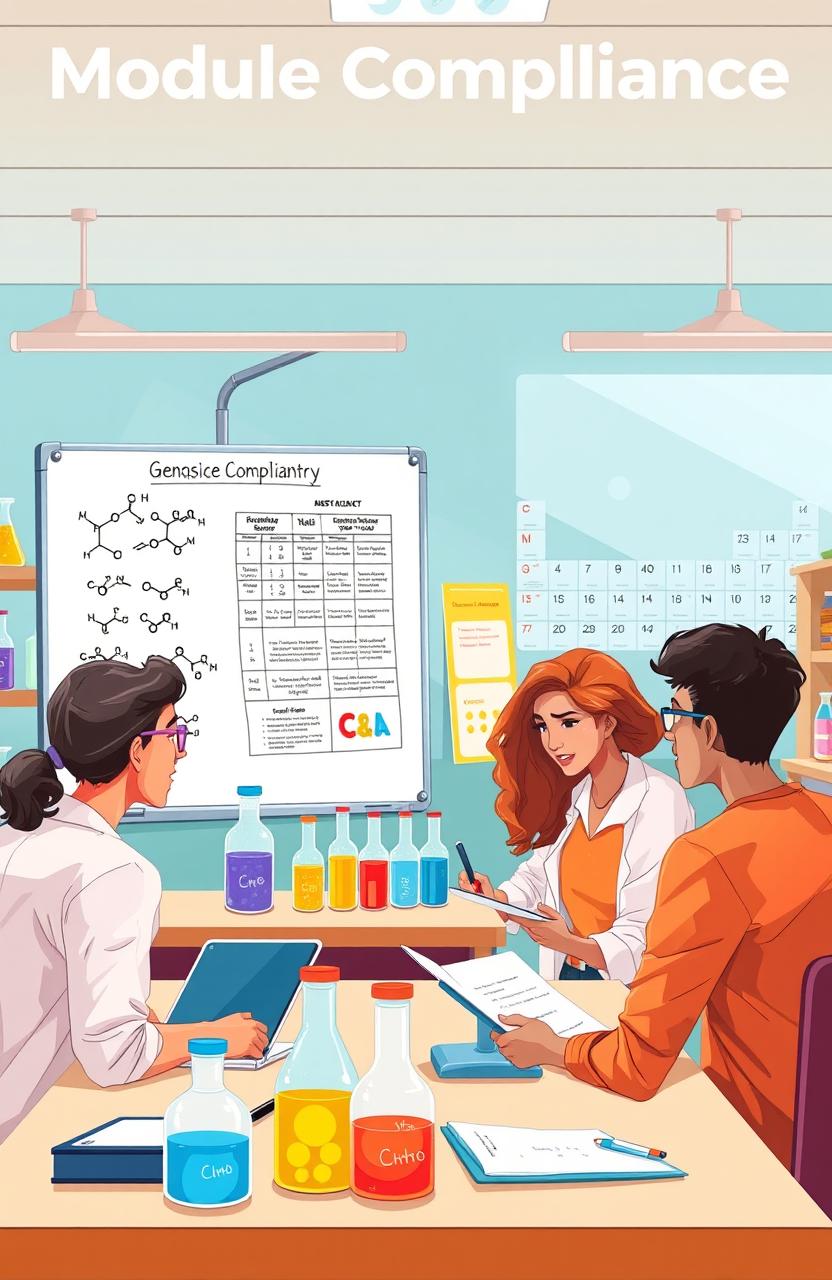 A visually engaging educational illustration depicting the concept of module compliance in General Chemistry