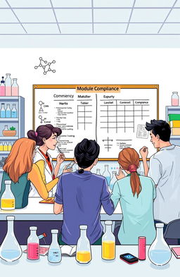 A visually engaging educational illustration depicting the concept of module compliance in General Chemistry