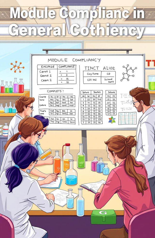 A visually engaging educational illustration depicting the concept of module compliance in General Chemistry