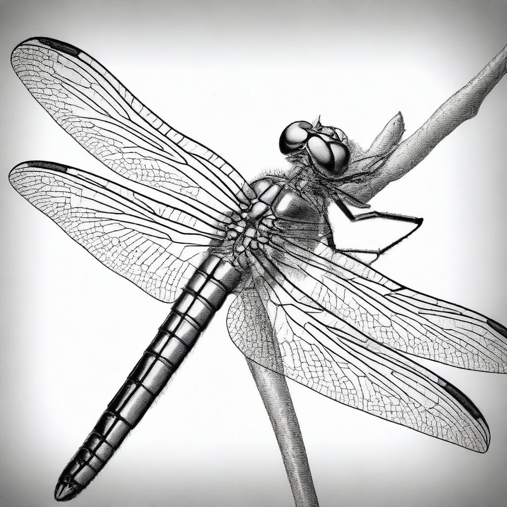 A high-quality, black and white image of a dragonfly, drawn with pastel, now viewed from a closer perspective