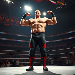 A dramatic scene featuring a towering 15-foot tall WWE-style wrestler named Sean, showcasing his muscular physique and vibrant costume