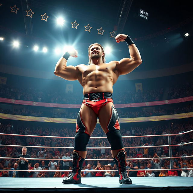 A dramatic scene featuring a towering 15-foot tall WWE-style wrestler named Sean, showcasing his muscular physique and vibrant costume