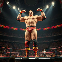 A dramatic scene featuring a towering 15-foot tall WWE-style wrestler named Sean, showcasing his muscular physique and vibrant costume