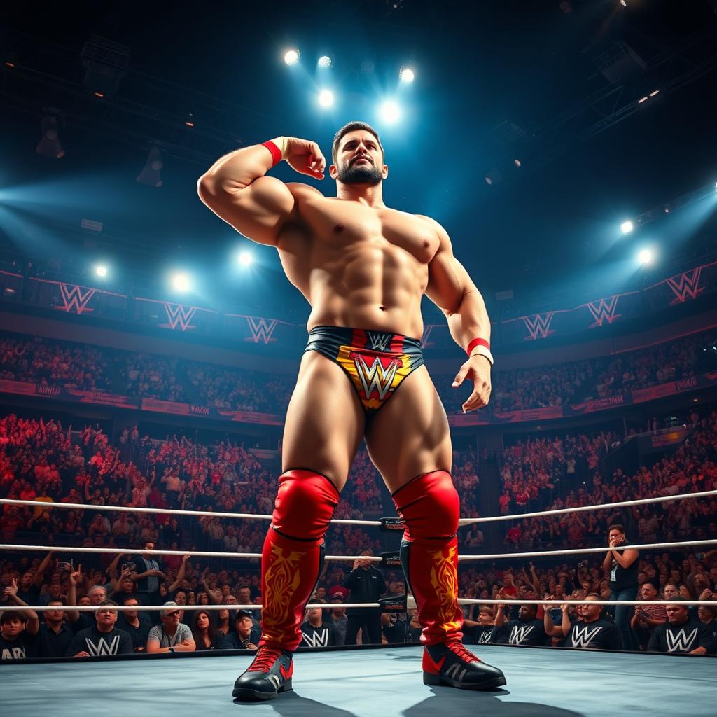 A dramatic scene featuring a towering 15-foot tall WWE-style wrestler named Sean, showcasing his muscular physique and vibrant costume