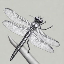 A high-quality, black and white image of a dragonfly, drawn with pastel, now viewed from a closer perspective