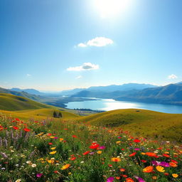 A picturesque landscape showcasing a beautiful area featuring rolling green hills, vibrant wildflowers in a variety of colors, and a clear blue sky